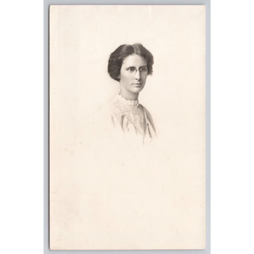 Vintage Portrait RPPC Postcard Woman with Glasses Studio Photo Antique Ephemera